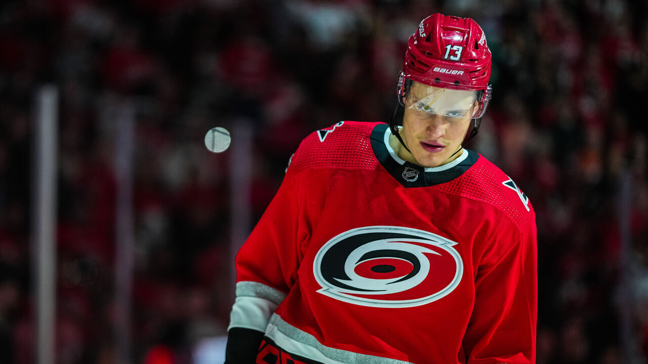 RALEIGH, NORTH CAROLINA - APRIL 25: Jesse Puljujarvi #13 of the Carolina Hurricanes is seen prior to Game Five of the First Round of the 2023 Stanley Cup Playoffs against the New York Islanders at PNC Arena on April 25, 2023 in Raleigh, North Carolina.