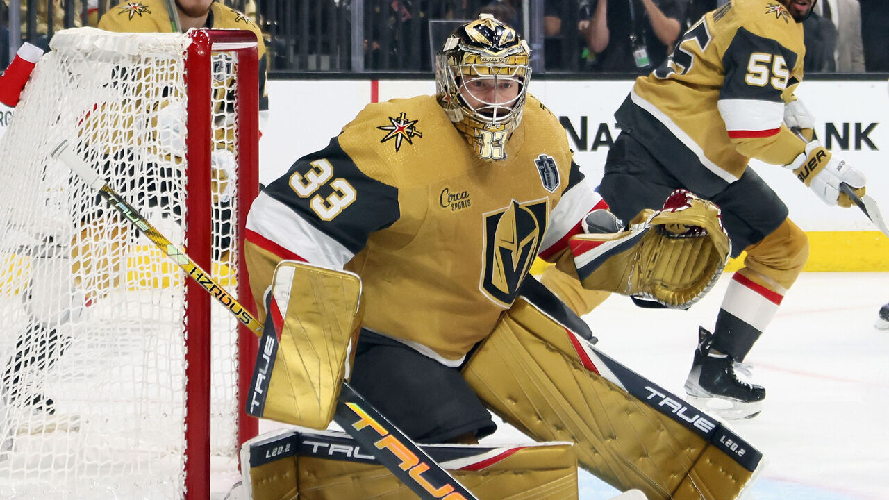 LAS VEGAS, NEVADA - JUNE 13: Adin Hill #33 of the Vegas Golden Knights tends net against the Florida Panthers in Game Five of the 2023 NHL Stanley Cup Final at T-Mobile Arena on June 13, 2023 in Las Vegas, Nevada.