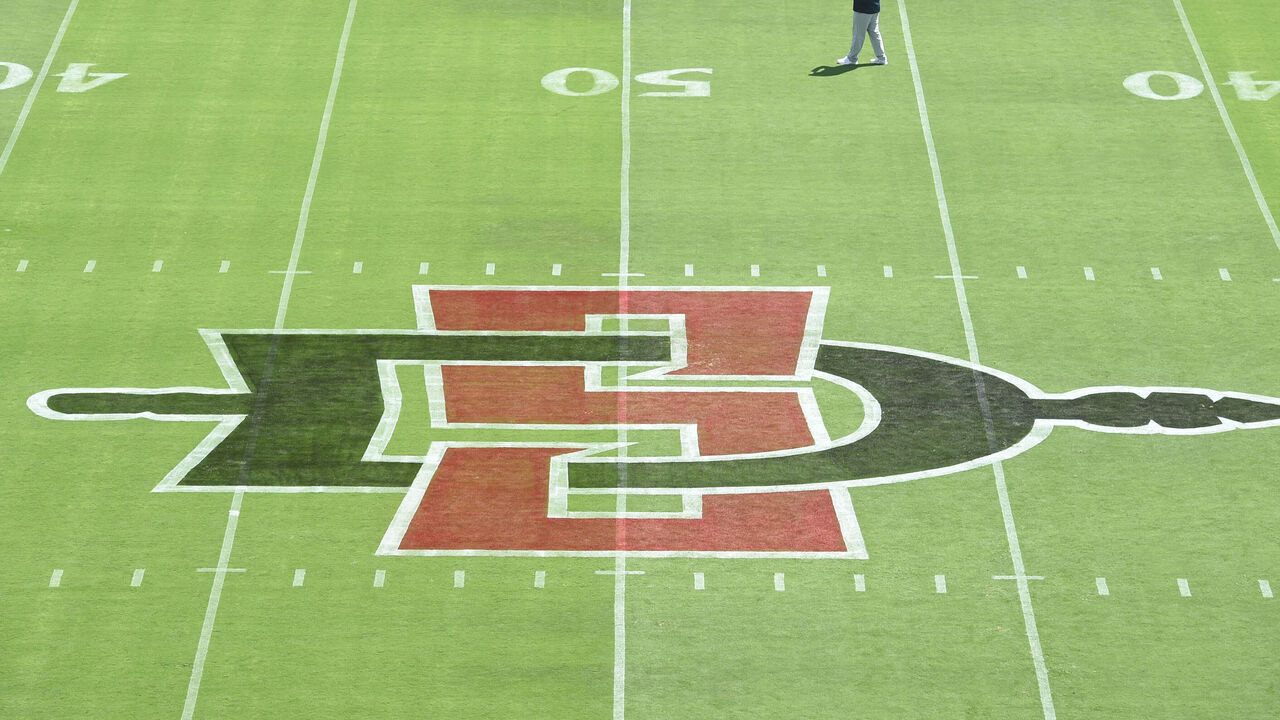 SAN DIEGO, CA - SEPTEMBER 03: A general view of the San Diego State logo painted at the 50 yard line during a college football game between the Arizona Wildcats and the San Diego State Aztecs on September 03, 2022, at SnapDragon Stadium in San Diego, CA.