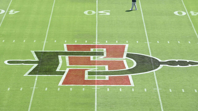SAN DIEGO, CA - SEPTEMBER 03: A general view of the San Diego State logo painted at the 50 yard line during a college football game between the Arizona Wildcats and the San Diego State Aztecs on September 03, 2022, at SnapDragon Stadium in San Diego, CA.