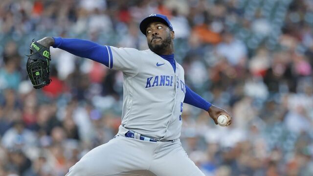 DETROIT, MI - JUNE 20: Aroldis Chapman #54 of the Kansas City Royals pitches against the Detroit Tigers during the eighth inning at Comerica Park on June 20, 2023 in Detroit, Michigan.
