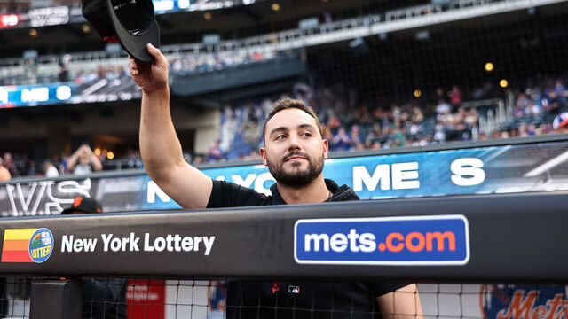 NEW YORK, NEW YORK - JUNE 30: Michael Conforto #8 of the San Francisco Giants waves to fans after a video tribute in his return to Citi Field before the game against the New York Mets at Citi Field on June 30, 2023 in New York City.