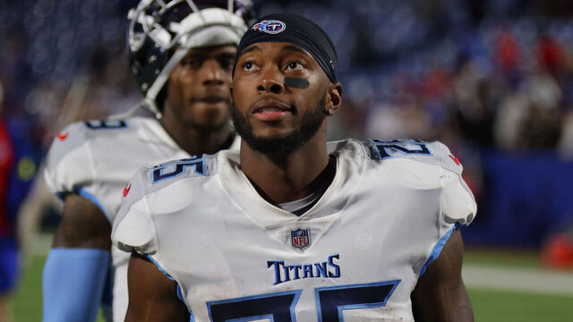 ORCHARD PARK, NY - SEPTEMBER 19: Hassan Haskins #25 of the Tennessee Titans after a game against the Buffalo Bills at Highmark Stadium on September 19, 2022 in Orchard Park, New York.