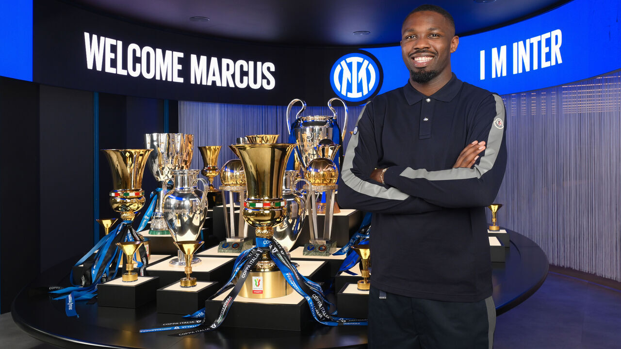 MILAN, ITALY - JUNE 27: FC Internazionale unveil new signing Marcus Thuram at FC Internazionale Headquarters on June 27, 2023 in Milan, Italy.