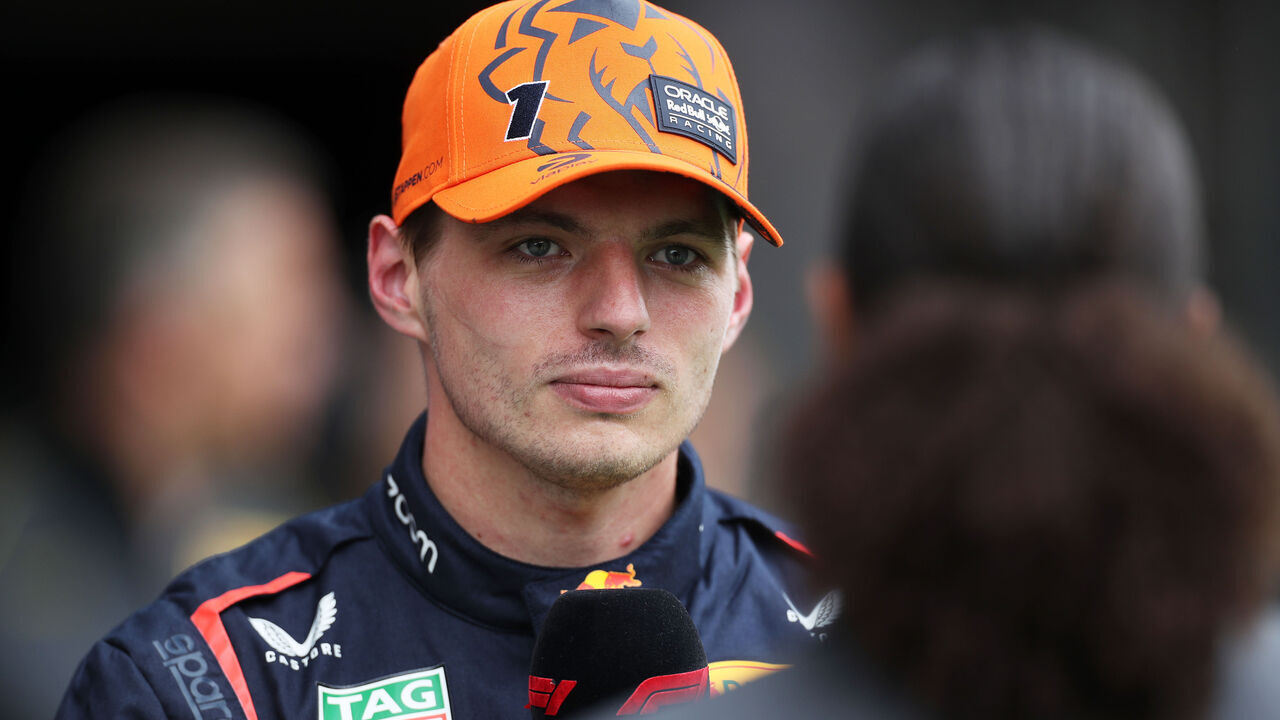 SPIELBERG, AUSTRIA - JULY 01: Pole position qualifier Max Verstappen of the Netherlands and Oracle Red Bull Racing talks to the media in parc ferme during the Sprint Shootout ahead of the F1 Grand Prix of Austria at Red Bull Ring on July 01, 2023 in Spielberg, Austria.