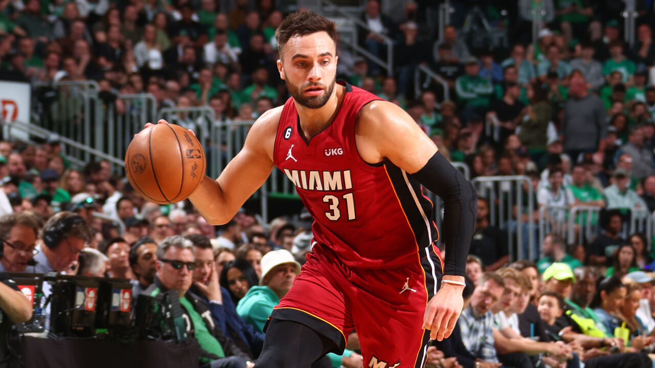 BOSTON, MA - MAY 19: Max Strus #31 of the Miami Heat dribbles the ball during Game Two of the Eastern Conference Finals against the Boston Celtics on May 19, 2023 at the TD Garden in Boston, Massachusetts. Mandatory Copyright Notice: Copyright 2023 NBAE