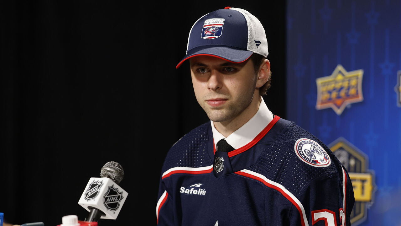 NASHVILLE, TENNESSEE - JUNE 28: Adam Fantilli speaks to the media after being selected by the Columbus Blue Jackets with the third overall pick during round one of the 2023 Upper Deck NHL Draft at Bridgestone Arena on June 28, 2023 in Nashville, Tennessee.