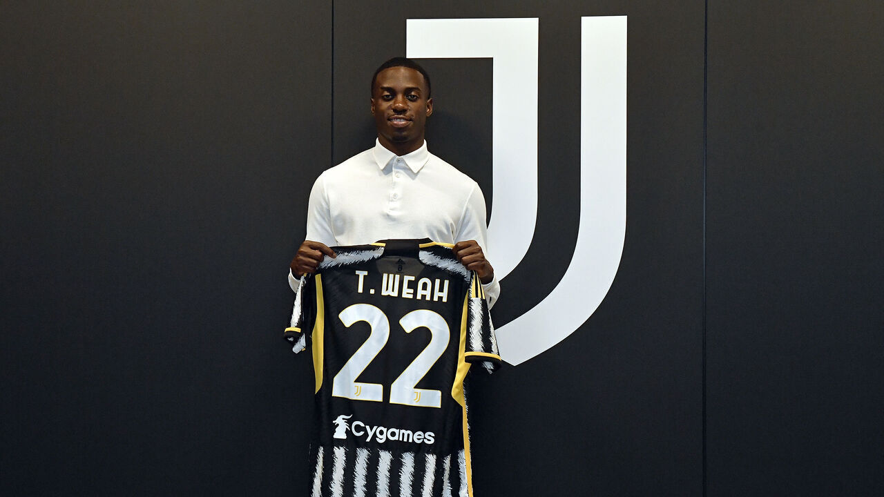 TURIN, ITALY - JUNE 29: New Juventus signing Timothy Weah poses at Juventus Headquarters on June 29, 2023 in Turin, Italy.