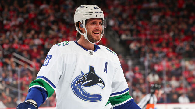 NEWARK, NJ - FEBRUARY 06: Oliver Ekman-Larsson #23 of the Vancouver Canucks skates in the first period of the game against the New Jersey Devils on February 06, 2023 at the Prudential Center in Newark, New Jersey.