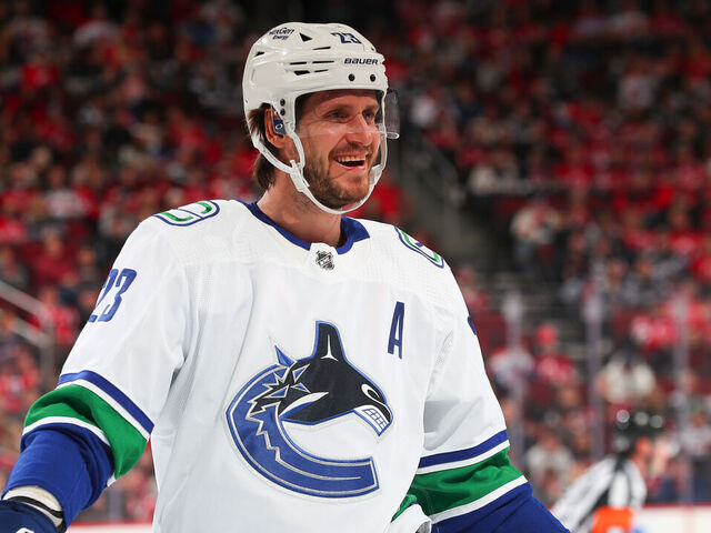 NEWARK, NJ - FEBRUARY 06: Oliver Ekman-Larsson #23 of the Vancouver Canucks skates in the first period of the game against the New Jersey Devils on February 06, 2023 at the Prudential Center in Newark, New Jersey.