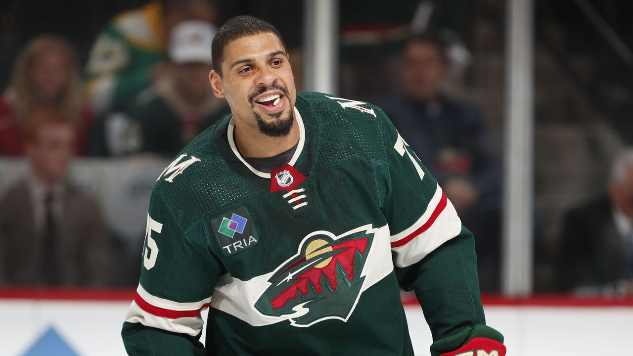 ST PAUL, MN - APRIL 28: Ryan Reaves #75 of the Minnesota Wild prepares to play the Dallas Stars before Game Six of the First Round of the 2023 Stanley Cup Playoffs at Xcel Energy Center on April 28, 2023 in St Paul, Minnesota.