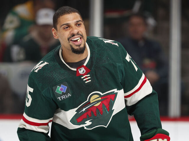 ST PAUL, MN - APRIL 28: Ryan Reaves #75 of the Minnesota Wild prepares to play the Dallas Stars before Game Six of the First Round of the 2023 Stanley Cup Playoffs at Xcel Energy Center on April 28, 2023 in St Paul, Minnesota.