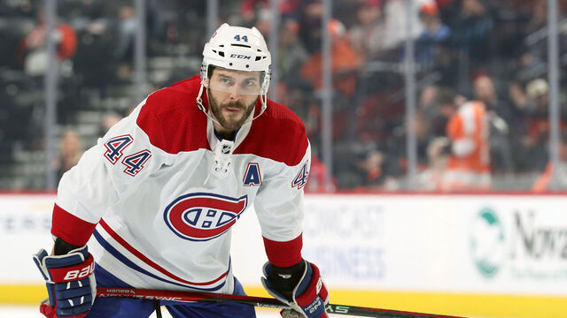 PHILADELPHIA, PENNSYLVANIA - MARCH 28: Joel Edmundson #44 of the Montreal Canadiens looks on against the Philadelphia Flyers at the Wells Fargo Center on March 28, 2023 in Philadelphia, Pennsylvania.