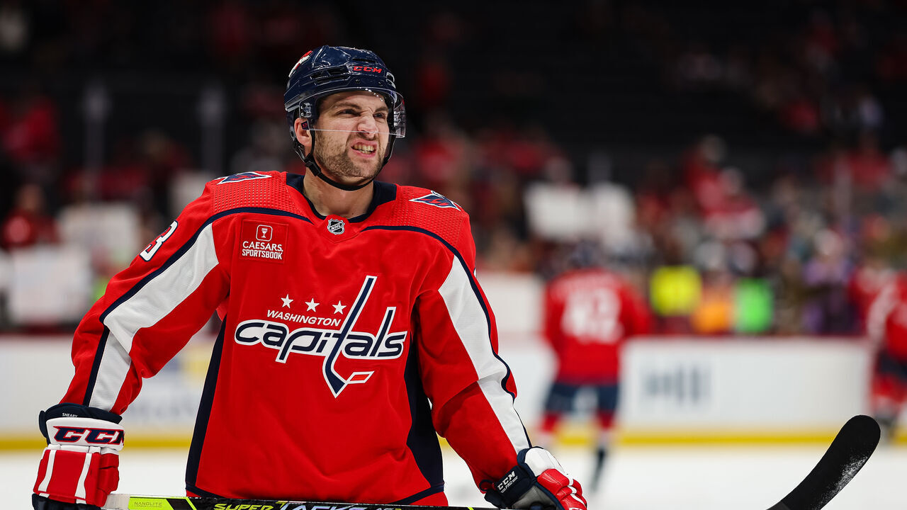 WASHINGTON, DC - APRIL 08: Conor Sheary #73 of the Washington Capitals reacts before the game against the Florida Panthers at Capital One Arena on April 8, 2023 in Washington, DC.