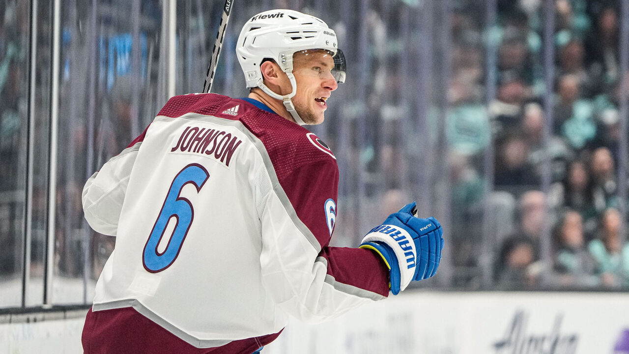 SEATTLE, WASHINGTON - APRIL 28:Erik Johnson #6 of the Colorado Avalanche celebrates his goal against the Seattle Kraken during the second period in Game Six of the First Round of the 2023 Stanley Cup Playoffs at Climate Pledge Arena on April 28, 2023 in Seattle, Washington.