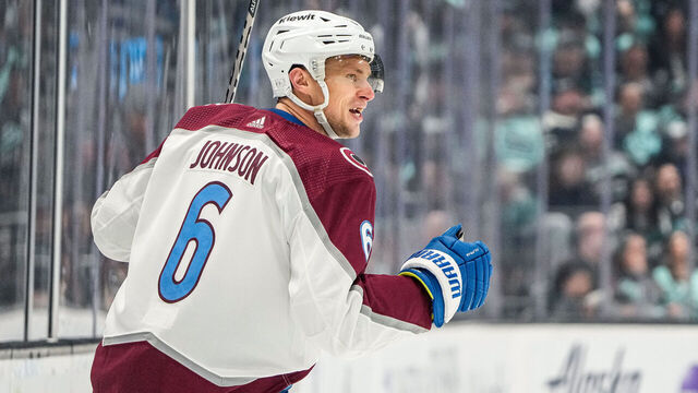 SEATTLE, WASHINGTON - APRIL 28:Erik Johnson #6 of the Colorado Avalanche celebrates his goal against the Seattle Kraken during the second period in Game Six of the First Round of the 2023 Stanley Cup Playoffs at Climate Pledge Arena on April 28, 2023 in Seattle, Washington.