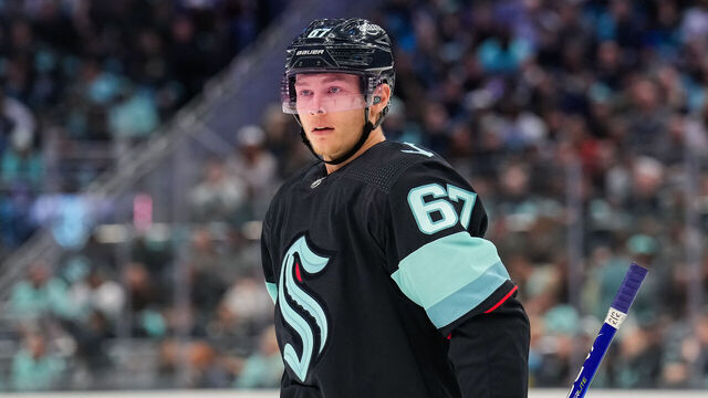 SEATTLE, WASHINGTON - APRIL 24: Morgan Geekie #67 of the Seattle Kraken looks on before a face-off during the third period against the Colorado Avalanche in Game Four of the First Round of the 2023 Stanley Cup Playoffs at Climate Pledge Arena on April 24, 2023 in Seattle, Washington.