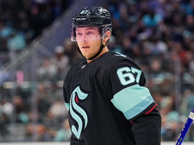 SEATTLE, WASHINGTON - APRIL 24: Morgan Geekie #67 of the Seattle Kraken looks on before a face-off during the third period against the Colorado Avalanche in Game Four of the First Round of the 2023 Stanley Cup Playoffs at Climate Pledge Arena on April 24, 2023 in Seattle, Washington.