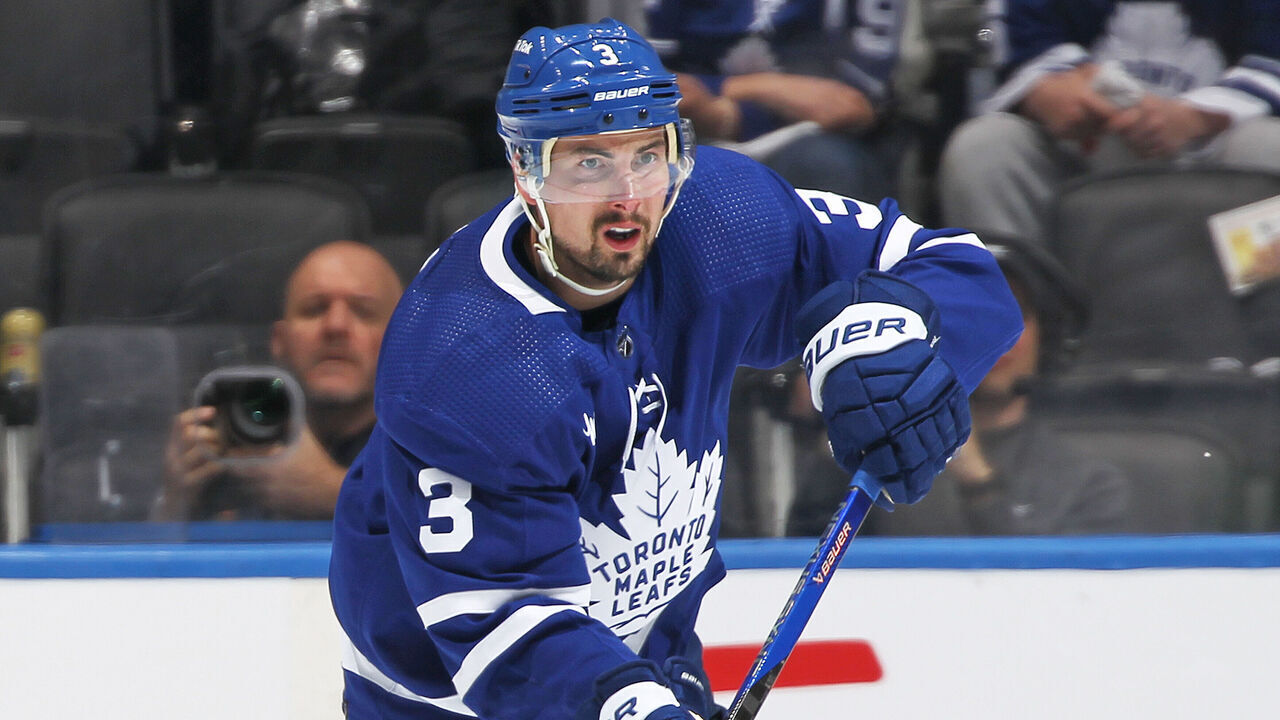 TORONTO, CANADA - APRIL 27: Justin Holl #3 of the Toronto Maple Leafs fires a pass against the Tampa Bay Lightning during Game Five of the First Round of the 2023 Stanley Cup Playoffs at Scotiabank Arena on April 27, 2023 in Toronto, Ontario, Canada. The Lightning defeated the Maple Leafs 4-2.