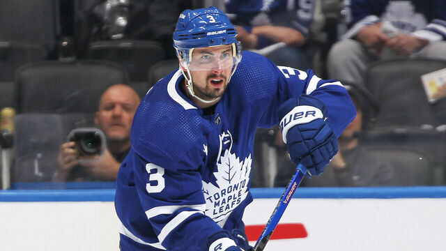 TORONTO, CANADA - APRIL 27: Justin Holl #3 of the Toronto Maple Leafs fires a pass against the Tampa Bay Lightning during Game Five of the First Round of the 2023 Stanley Cup Playoffs at Scotiabank Arena on April 27, 2023 in Toronto, Ontario, Canada. The Lightning defeated the Maple Leafs 4-2.