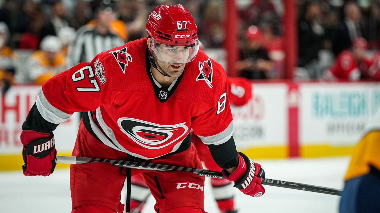 RALEIGH, NORTH CAROLINA - JANUARY 05: Max Pacioretty #67 of the Carolina Hurricanes lines up during the third period against the Nashville Predators at PNC Arena on January 05, 2023 in Raleigh, North Carolina.