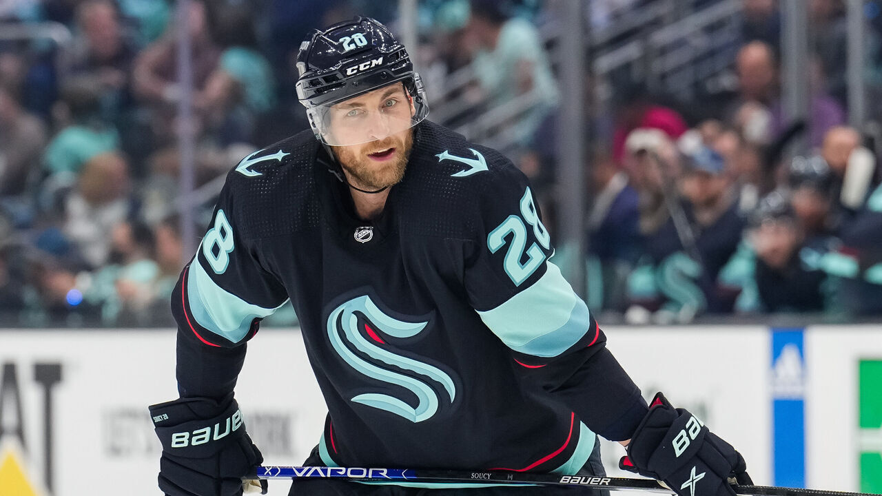 SEATTLE, WASHINGTON - MAY 13: Carson Soucy #28 of the Seattle Kraken looks on during the third period against the Dallas Stars in Game Six of the Second Round of the 2023 Stanley Cup Playoffs at Climate Pledge Arena on May 13, 2023 in Seattle, Washington.