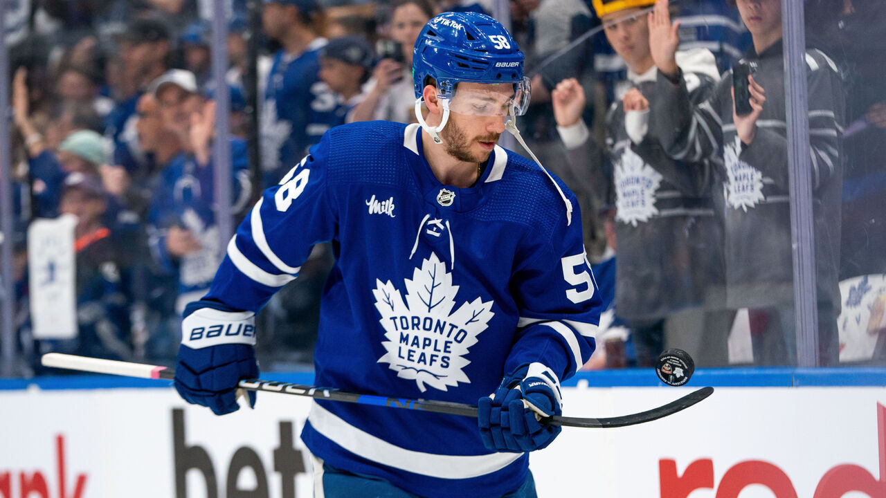 TORONTO, CANADA - MAY 12: Michael Bunting #58 of the Toronto Maple Leafs keeps the puck up in warmups against the Florida Panthers in Game Five of the Second Round of the 2023 Stanley Cup Playoffs at the Scotiabank Arena on May 12, 2023 in Toronto, Ontario, Canada.