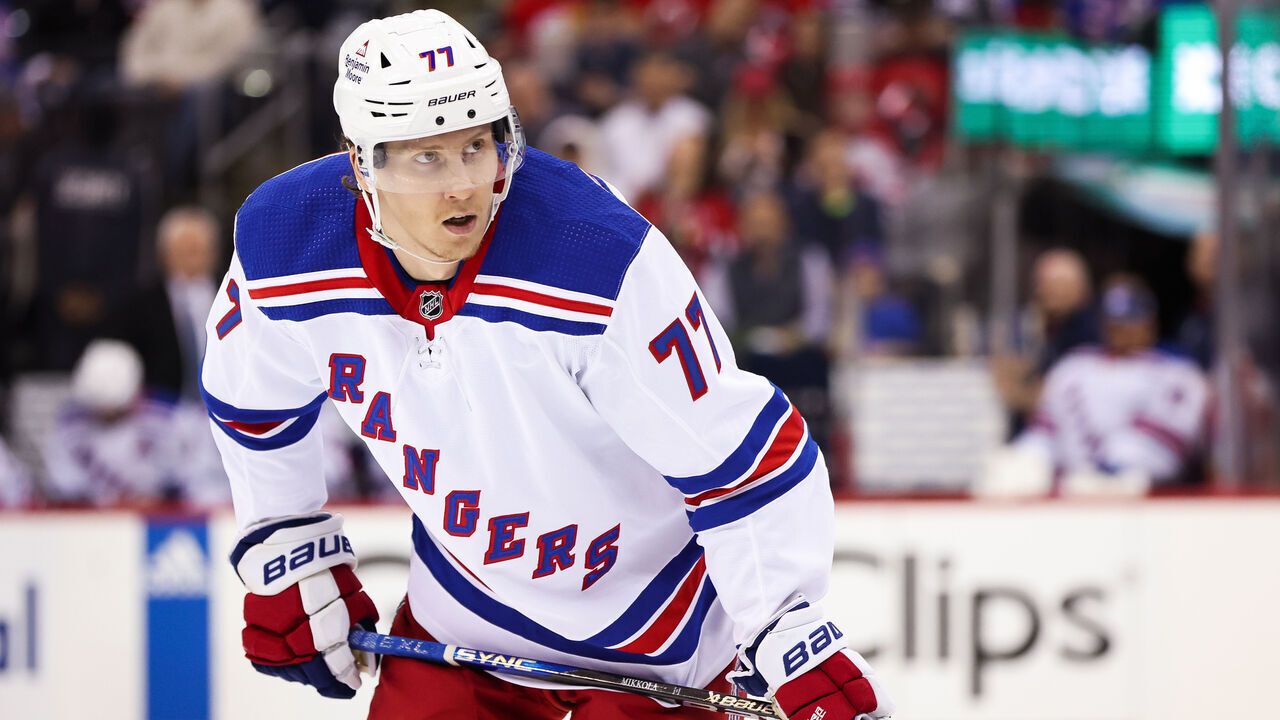 NEWARK, NJ - APRIL 27: New York Rangers defenseman Niko Mikkola (77) looks on during the National Hockey League game between the New York Rangers and the New Jersey Devils on April 27, 2023 at Prudential Center in Newark, NJ.