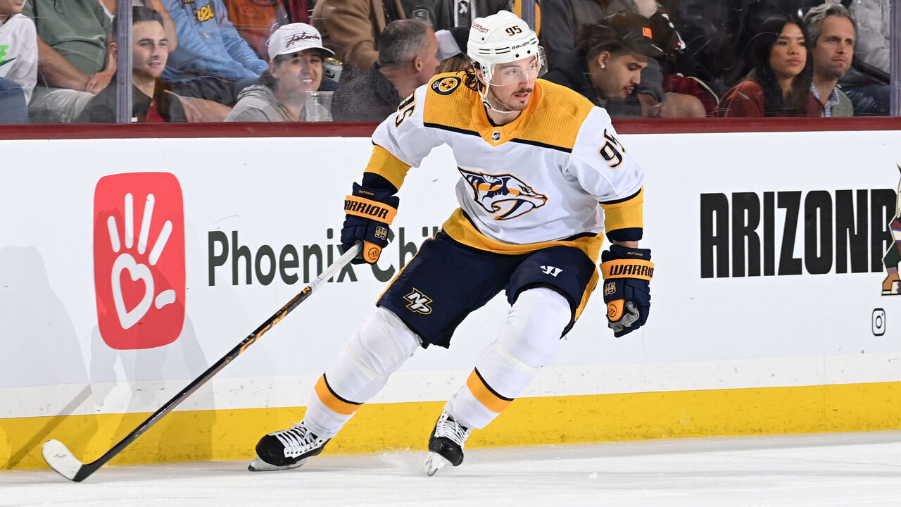 TEMPE, ARIZONA - MARCH 09: Matt Duchene #95 of the Nashville Predators skates up ice against the Arizona Coyotes at Mullett Arena on March 09, 2023 in Tempe, Arizona.