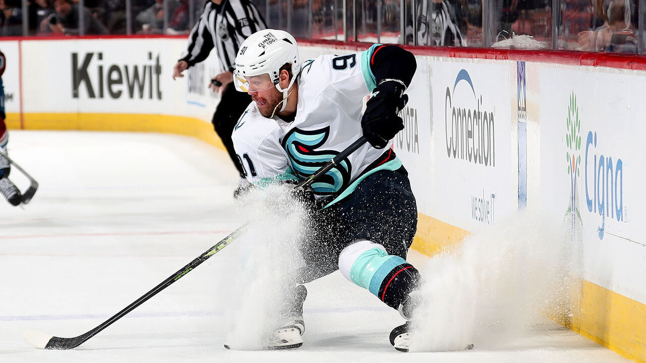 DENVER, COLORADO - APRIL 30: Daniel Sprong #91 of the Seattle Kraken skates against the Colorado Avalanche in Game Seven of the First Round of the 2023 Stanley Cup Playoffs at Ball Arena on April 30, 2023 in Denver, Colorado.