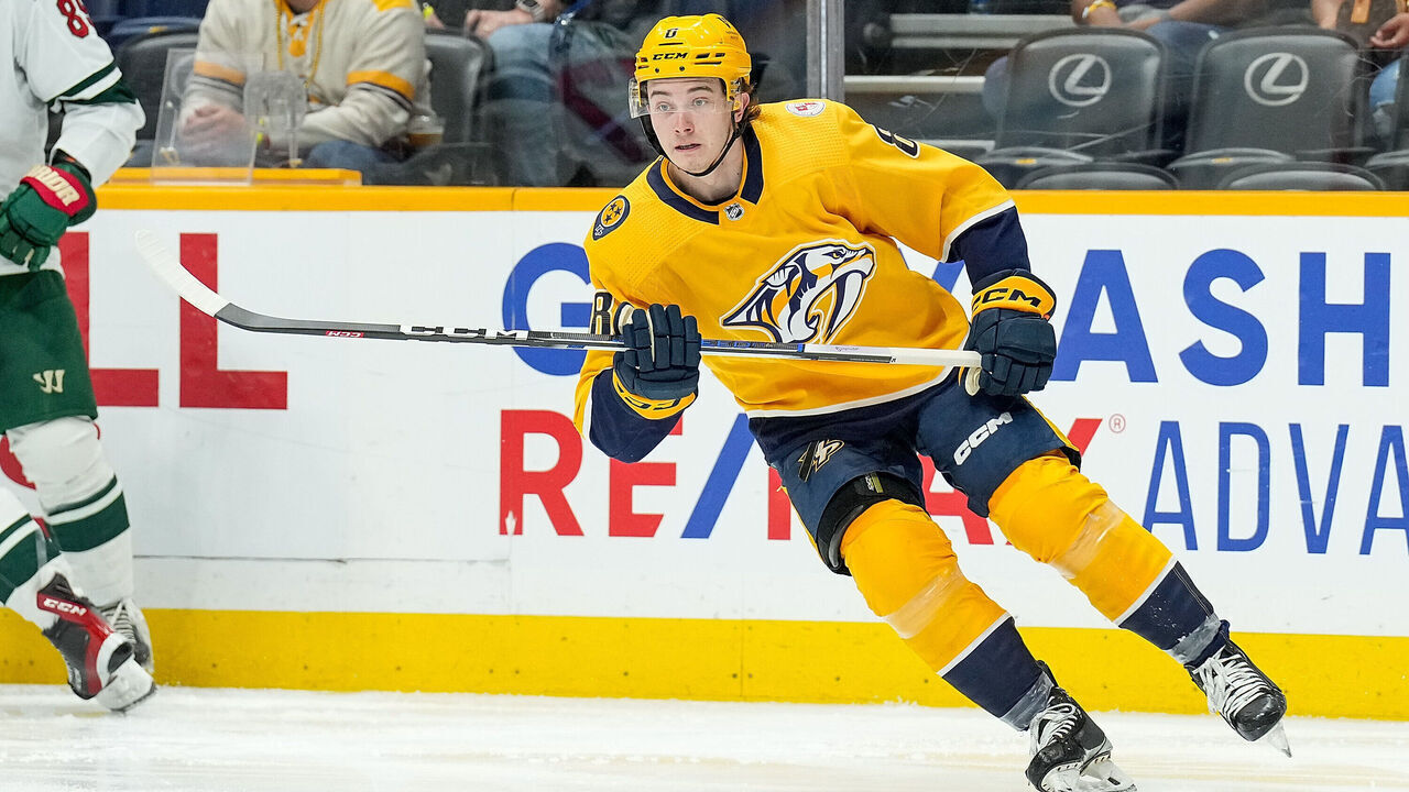 NASHVILLE, TENNESSEE - APRIL 13: Cody Glass #8 of the Nashville Predators skates against the Minnesota Wild during an NHL game at Bridgestone Arena on April 13, 2023 in Nashville, Tennessee.