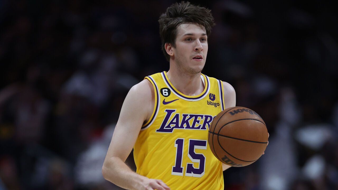DENVER, COLORADO - MAY 18: Austin Reaves #15 of the Los Angeles Lakers dribbles during the first quarter against the Denver Nuggets in game two of the Western Conference Finals at Ball Arena on May 18, 2023 in Denver, Colorado.