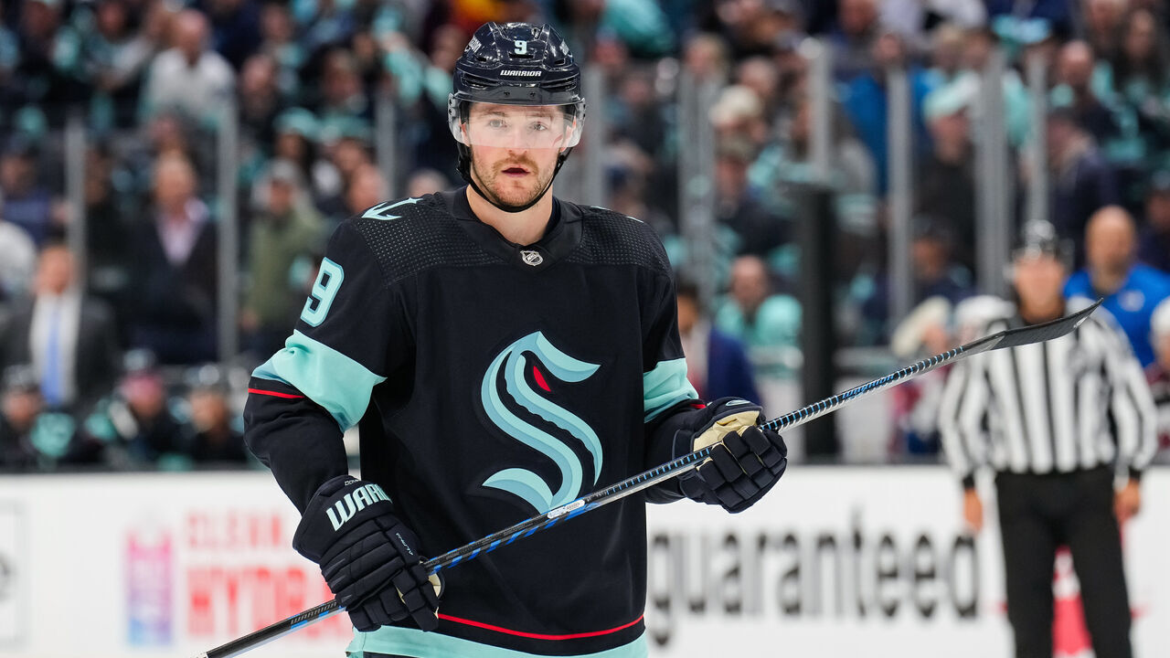 SEATTLE, WASHINGTON - APRIL 24: Ryan Donato #9 of the Seattle Kraken looks on before a face-off during the third period against the Colorado Avalanche in Game Four of the First Round of the 2023 Stanley Cup Playoffs at Climate Pledge Arena on April 24, 2023 in Seattle, Washington.