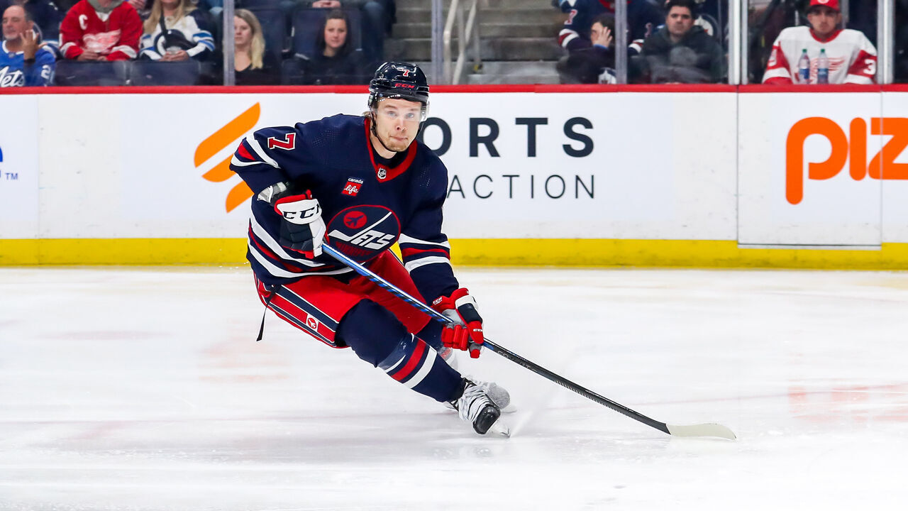 WINNIPEG, CANADA - MARCH 31: Vladislav Namestnikov #7 of the Winnipeg Jets keeps an eye on the play during first period action against the Detroit Red Wings at the Canada Life Centre on March 31, 2023 in Winnipeg, Manitoba, Canada. The Jets defeated the Wings 6-2.