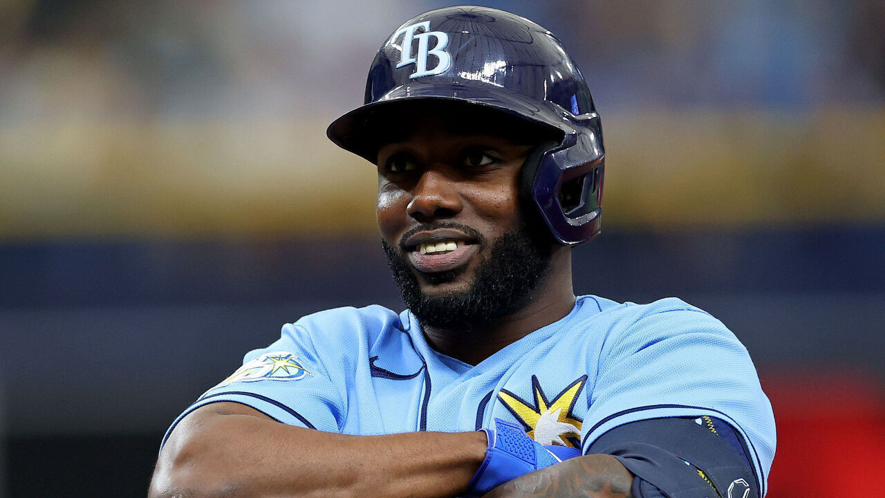 ST PETERSBURG, FLORIDA - JUNE 11: Randy Arozarena #56 of the Tampa Bay Rays celebrates after an RBI single in the first inning during a game against the Texas Rangers at Tropicana Field on June 11, 2023 in St Petersburg, Florida.