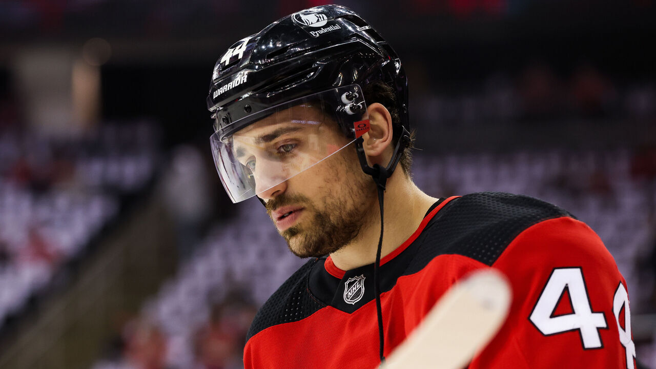 NEWARK, NJ - MAY 09: New Jersey Devils left wing Miles Wood (44) warms up before Game 4 of an Eastern Conference Second Round playoff game between the Carolina Hurricanes and the New Jersey Devils on May 9, 2023, at Prudential Center in Newark, New Jersey.