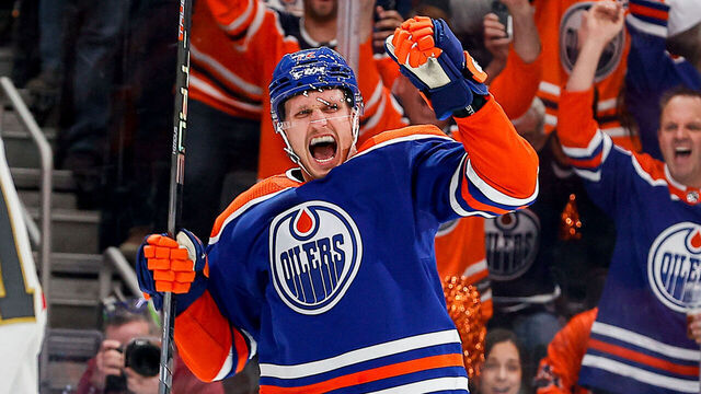 EDMONTON, AB - MAY 10: Edmonton Oilers Center Nick Bjugstad (72) celebrates his goal in the first period of game four in the Western Conference Second Round of the Edmonton Oilers versus the Las Vegas Golden Knights on May 10, 2023 at Rogers Place in Edmonton, AB.