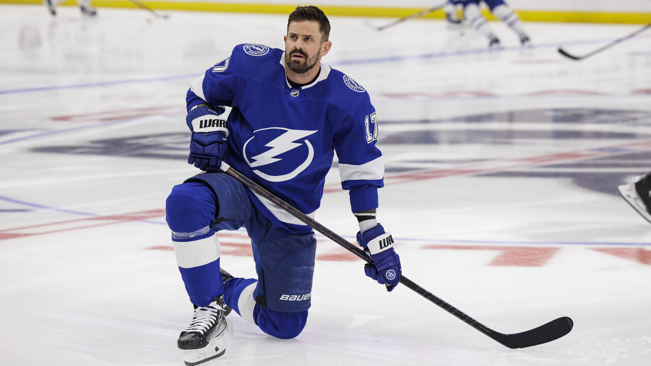 TAMPA, FL - APRIL 24: Alex Killorn #17 of the Tampa Bay Lightning during pregame warm ups before the game against the Toronto Maple Leafs in Game Four of the First Round of the 2023 Stanley Cup Playoffs at Amalie Arena on April 24, 2023 in Tampa, Florida.