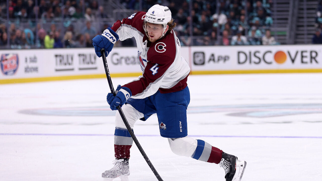 SEATTLE, WASHINGTON - APRIL 22: Bowen Byram #4 of the Colorado Avalanche shoots against the Seattle Kraken during the first period in Game Three of the First Round of the 2023 Stanley Cup Playoffs at Climate Pledge Arena on April 22, 2023 in Seattle, Washington.