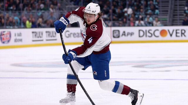 SEATTLE, WASHINGTON - APRIL 22: Bowen Byram #4 of the Colorado Avalanche shoots against the Seattle Kraken during the first period in Game Three of the First Round of the 2023 Stanley Cup Playoffs at Climate Pledge Arena on April 22, 2023 in Seattle, Washington.