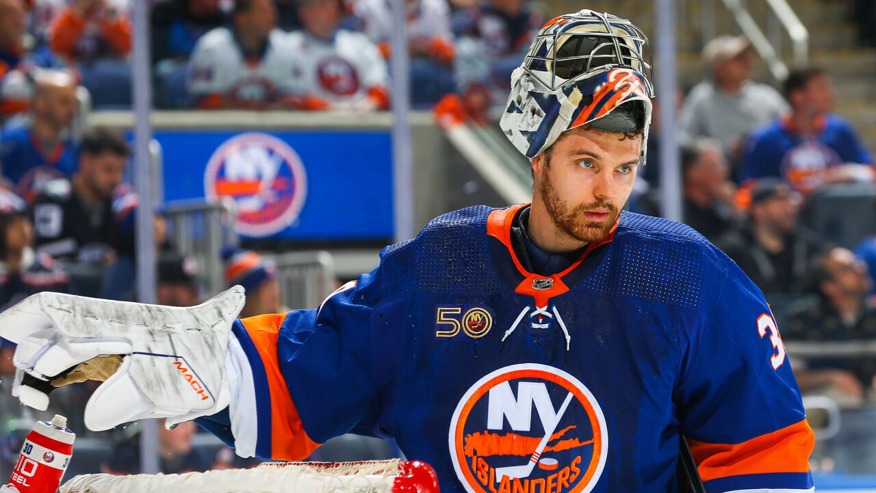 ELMONT, NEW YORK - APRIL 28: Ilya Sorokin #30 of the New York Islanders looks on against the Carolina Hurricanes in Game Six of the First Round of the 2023 Stanley Cup Playoffs at UBS Arena on April 28, 2023 in Elmont, New York.
