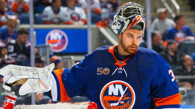 ELMONT, NEW YORK - APRIL 28: Ilya Sorokin #30 of the New York Islanders looks on against the Carolina Hurricanes in Game Six of the First Round of the 2023 Stanley Cup Playoffs at UBS Arena on April 28, 2023 in Elmont, New York.