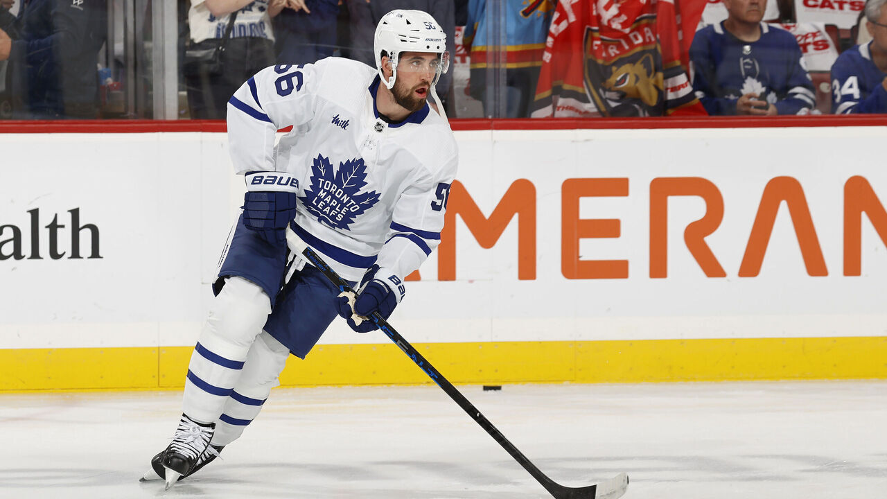 SUNRISE, FLORIDA - MAY 10: Erik Gustafsson #56 of the Toronto Maple Leafs warms up on the ice prior to the start of the game against the Florida Panthers in Game Four of the Second Round of the 2023 Stanley Cup Playoffs at the FLA Live Arena on May 10, 2023 in Sunrise, Florida.