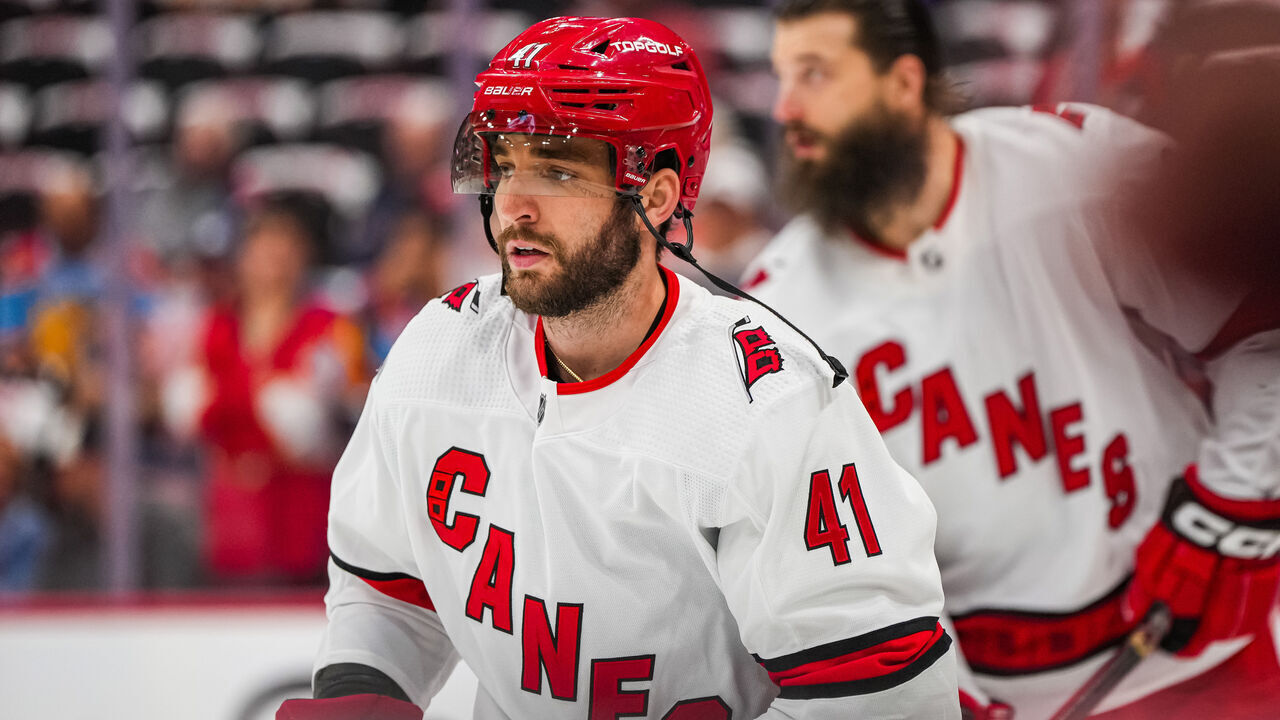 SUNRISE, FLORIDA - MAY 24: Shayne Gostisbehere #41 of the Carolina Hurricanes warms up prior to Game Four of the Eastern Conference Final of the 2023 Stanley Cup Playoffs against the Florida Panthers at FLA Live Arena on May 24, 2023 in Sunrise, Florida.