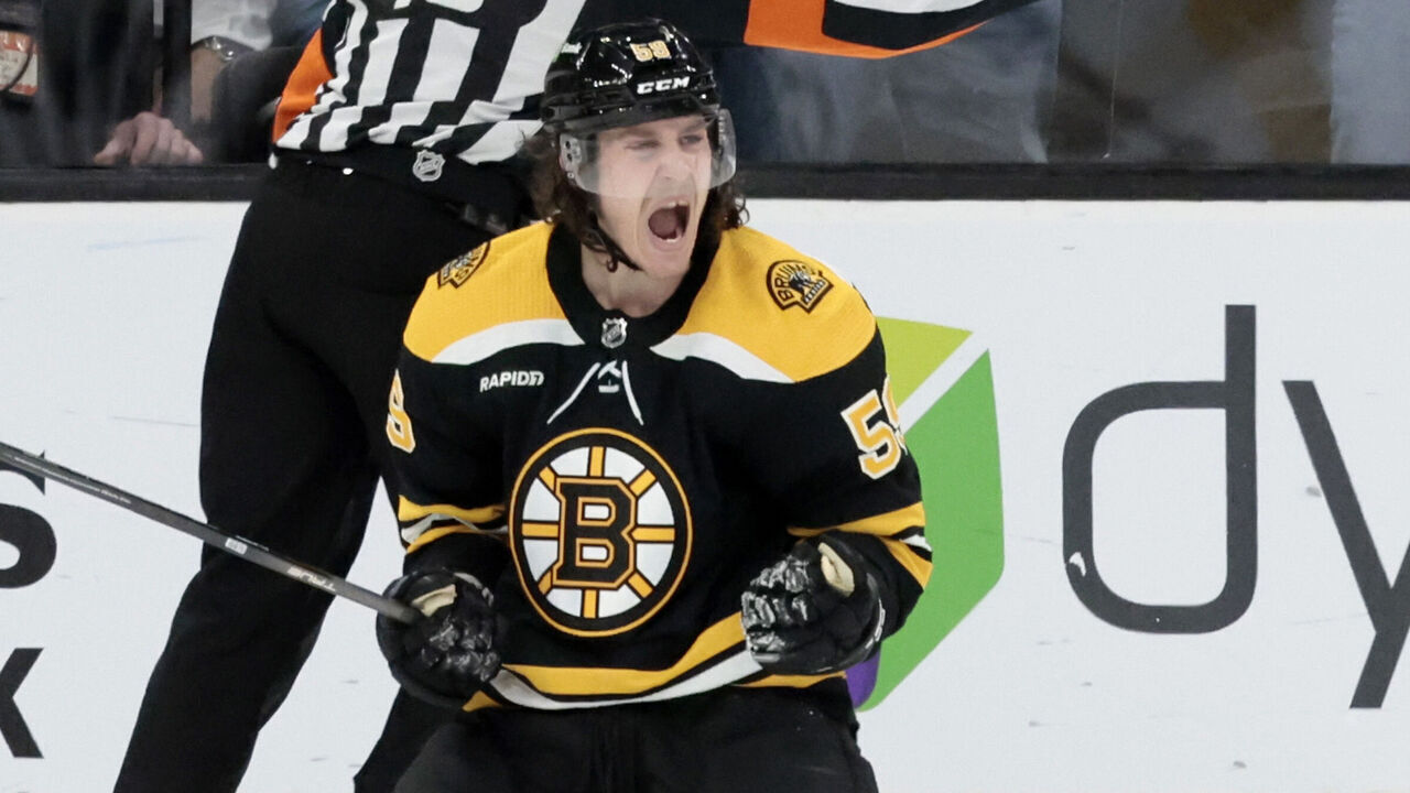BOSTON, MA - APRIL 19: Boston Bruins right wing Tyler Bertuzzi (59) reacts to equalizing during Game 2 of an Eastern Conference First Round playoff contest between the Boston Bruins and the Florida Panthers on April 19, 2023, at TD Garden in Boston, Massachusetts.