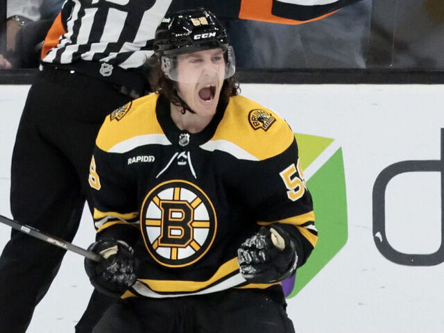 BOSTON, MA - APRIL 19: Boston Bruins right wing Tyler Bertuzzi (59) reacts to equalizing during Game 2 of an Eastern Conference First Round playoff contest between the Boston Bruins and the Florida Panthers on April 19, 2023, at TD Garden in Boston, Massachusetts.