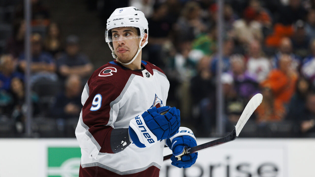 ANAHEIM, CA - APRIL 09: Colorado Avalanche center Evan Rodrigues (9) during an NHL hockey game between the Colorado Avalanche and the Anaheim Ducks on April 9, 2023 at Honda Center in Anaheim, CA.