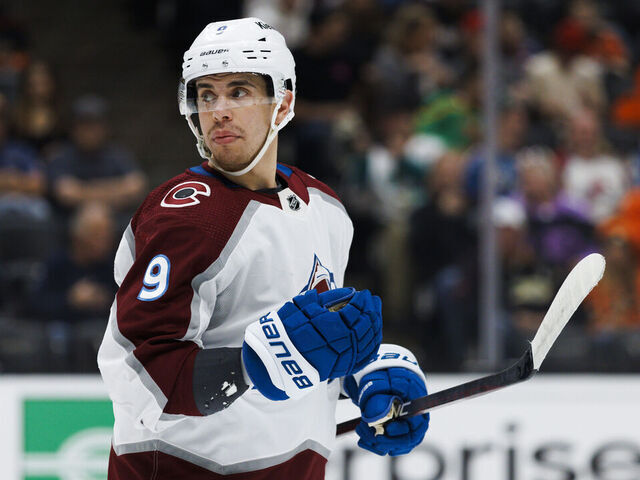 ANAHEIM, CA - APRIL 09: Colorado Avalanche center Evan Rodrigues (9) during an NHL hockey game between the Colorado Avalanche and the Anaheim Ducks on April 9, 2023 at Honda Center in Anaheim, CA.