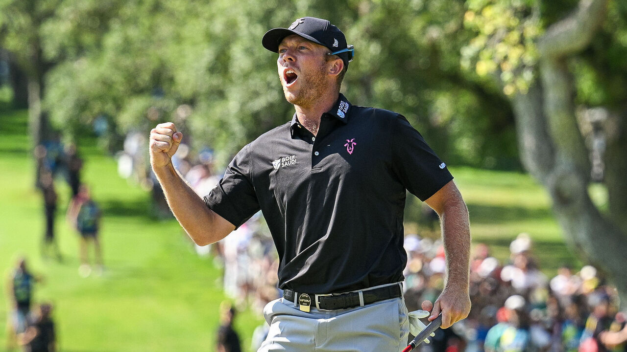 CADIZ, SPAIN - JULY 2: Talor Gooch of RangeGoats GC celebrates after sinking a birdie putt on the 18th hole during day three of LIV Golf - Andalucia at Real Club Valderrama on July 2, 2023 in Cadiz, Spain.