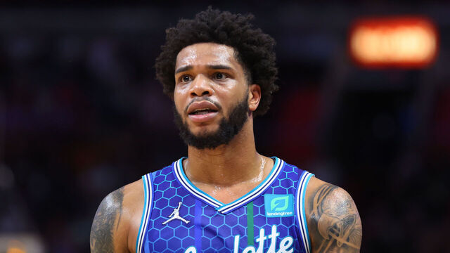 MIAMI, FLORIDA - APRIL 05: Miles Bridges #0 of the Charlotte Hornets reacts against the Miami Heat during the first half at FTX Arena on April 05, 2022 in Miami, Florida.
